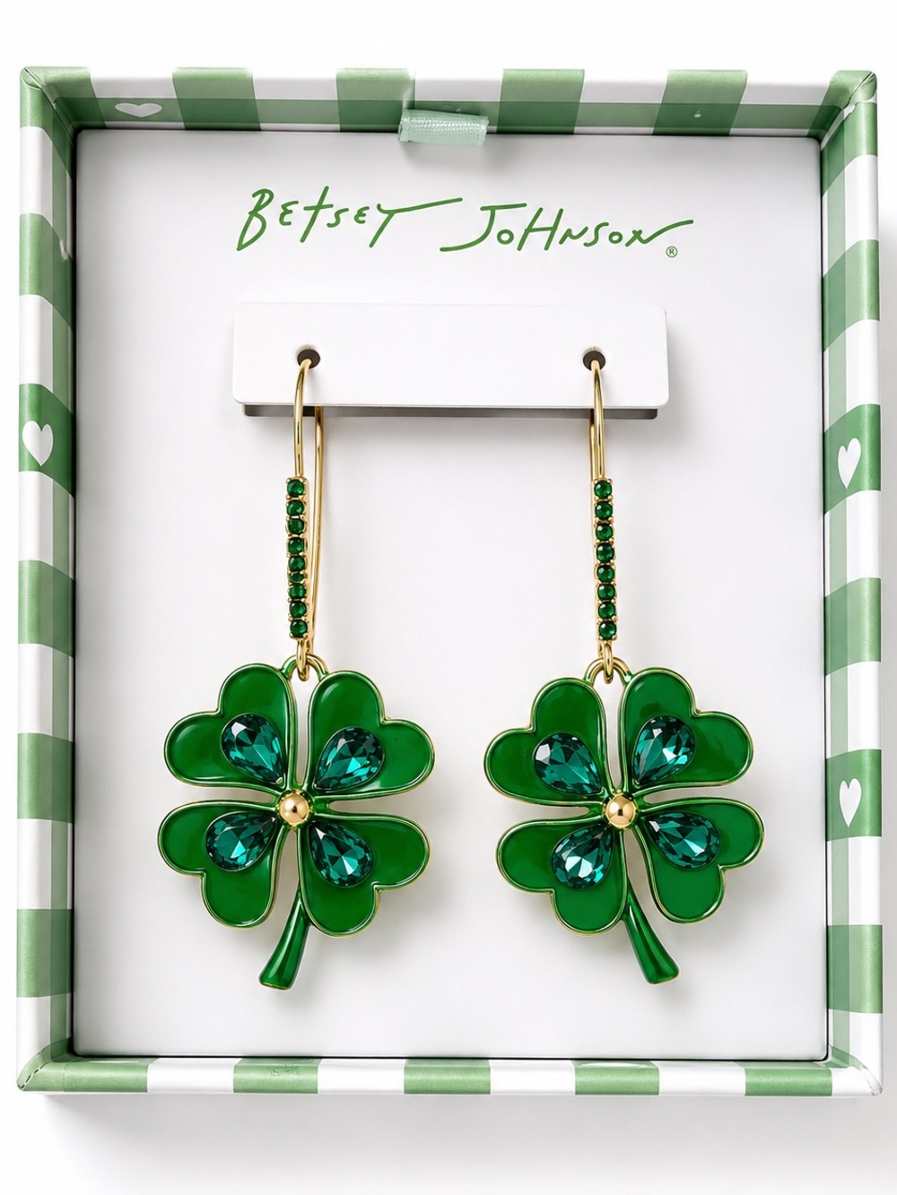 Betsey Johnson Green Crystal Four Leaf Clover Shamrock Drop Earrings New in Box